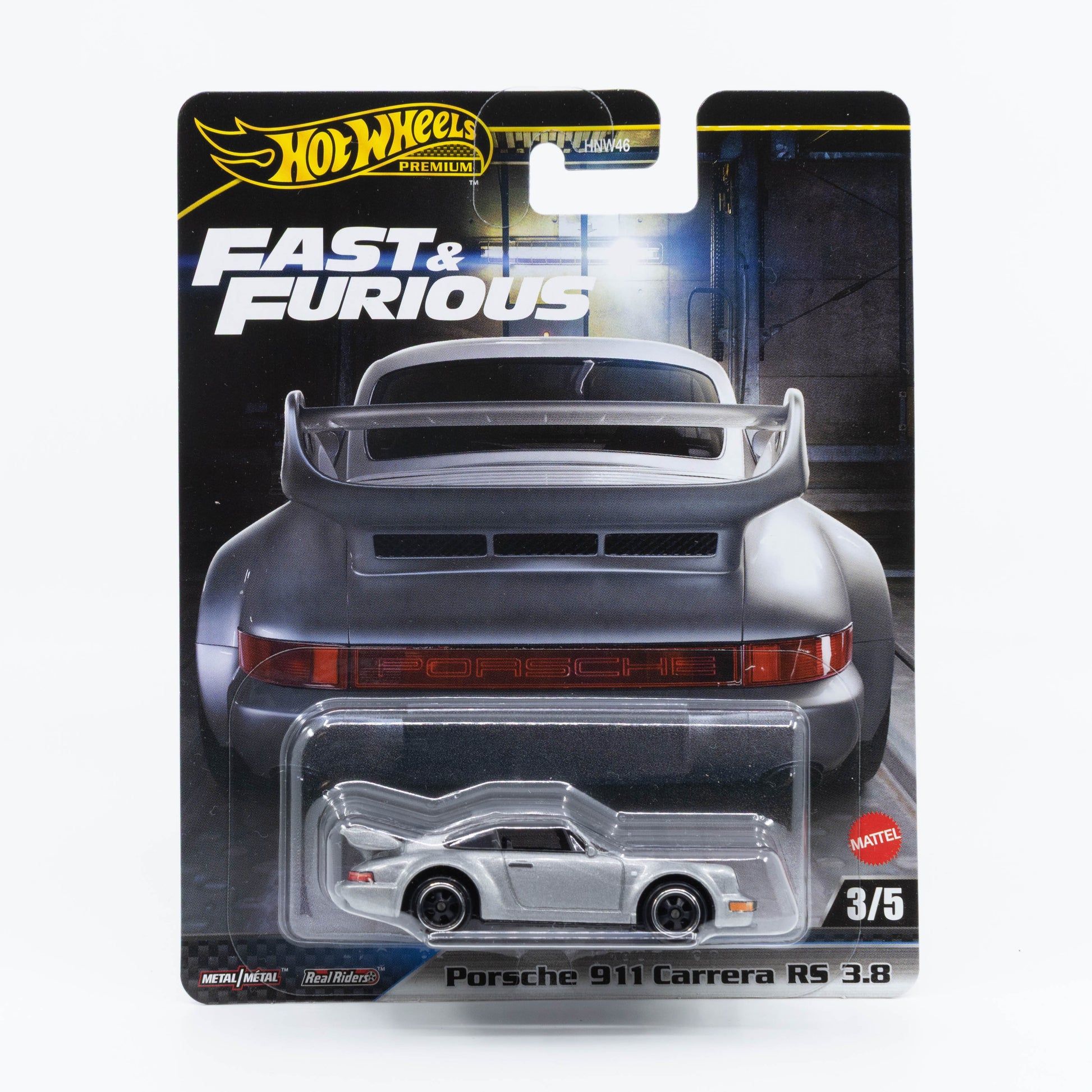 Hot Wheels 1:64 scale Porsche 911 Carrera RS 3.8 in silver, modeled after the car from the elevator scene in Fast & Furious: Tokyo Drift.