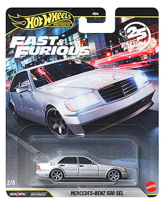 Hot Wheels Fast & Furious 2026 diecast model of Mercedes-Benz 500 SEL with movie-inspired detailing.