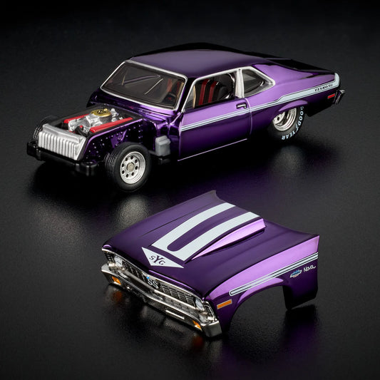 1:64 Hot Wheels RLC 1972 Chevy Nova SS Spectraflame purple with removable cowl and detailed engine.
