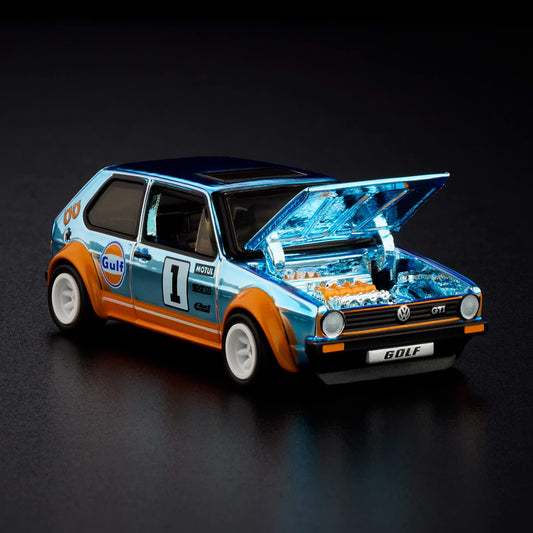 Hot Wheels RLC 1976 Volkswagen Golf Mk1 GTI in Spectraflame Gulf Blue with Gulf Racing livery and opening hood.