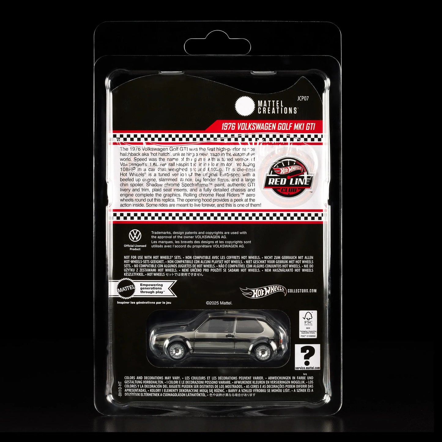 Hot Wheels RLC 1976 Volkswagen Golf MK1 GTI in Spectraflame Shadowchrome with Real Riders. Blister Back