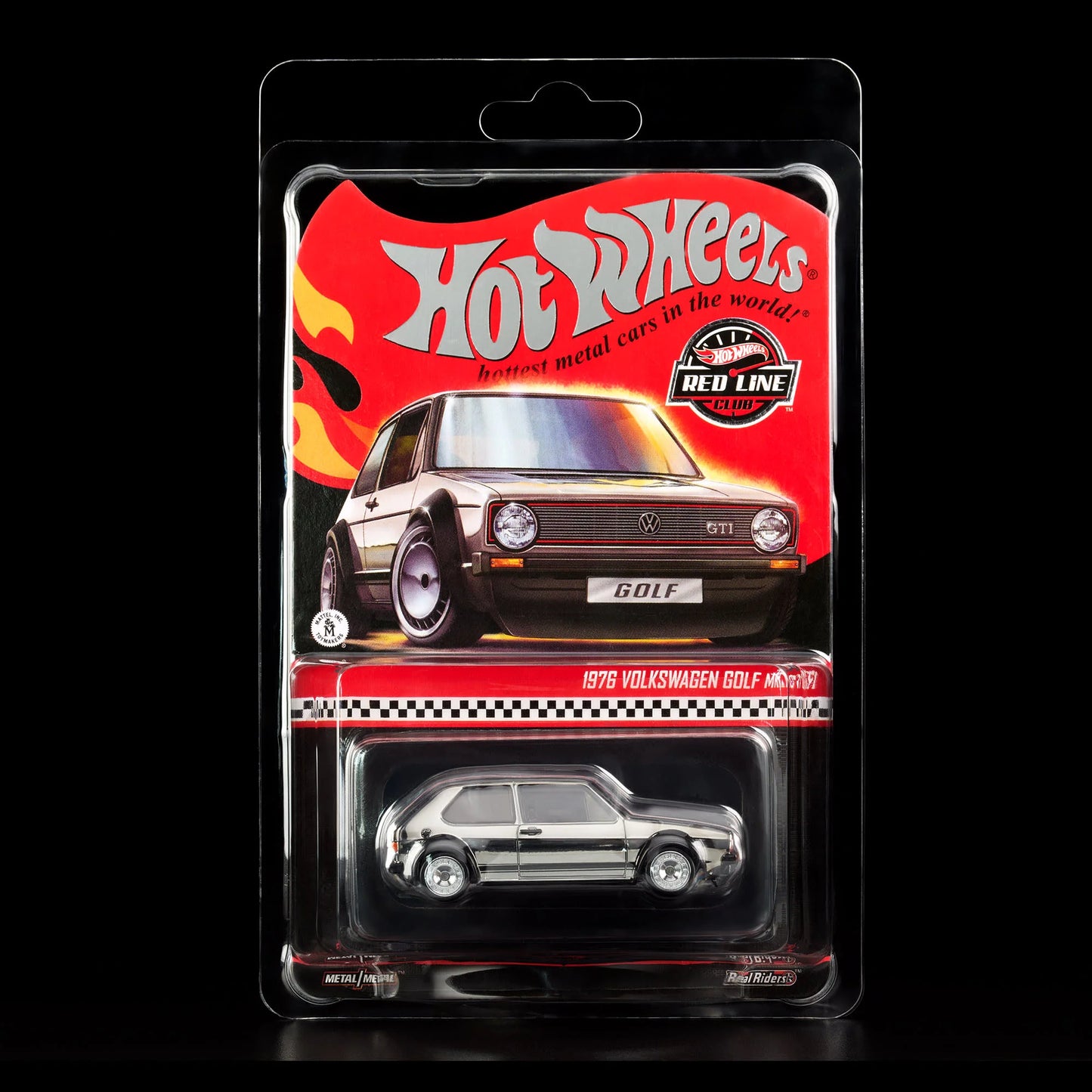Hot Wheels RLC 1976 Volkswagen Golf MK1 GTI in Spectraflame Shadowchrome with Real Riders. Blister Front