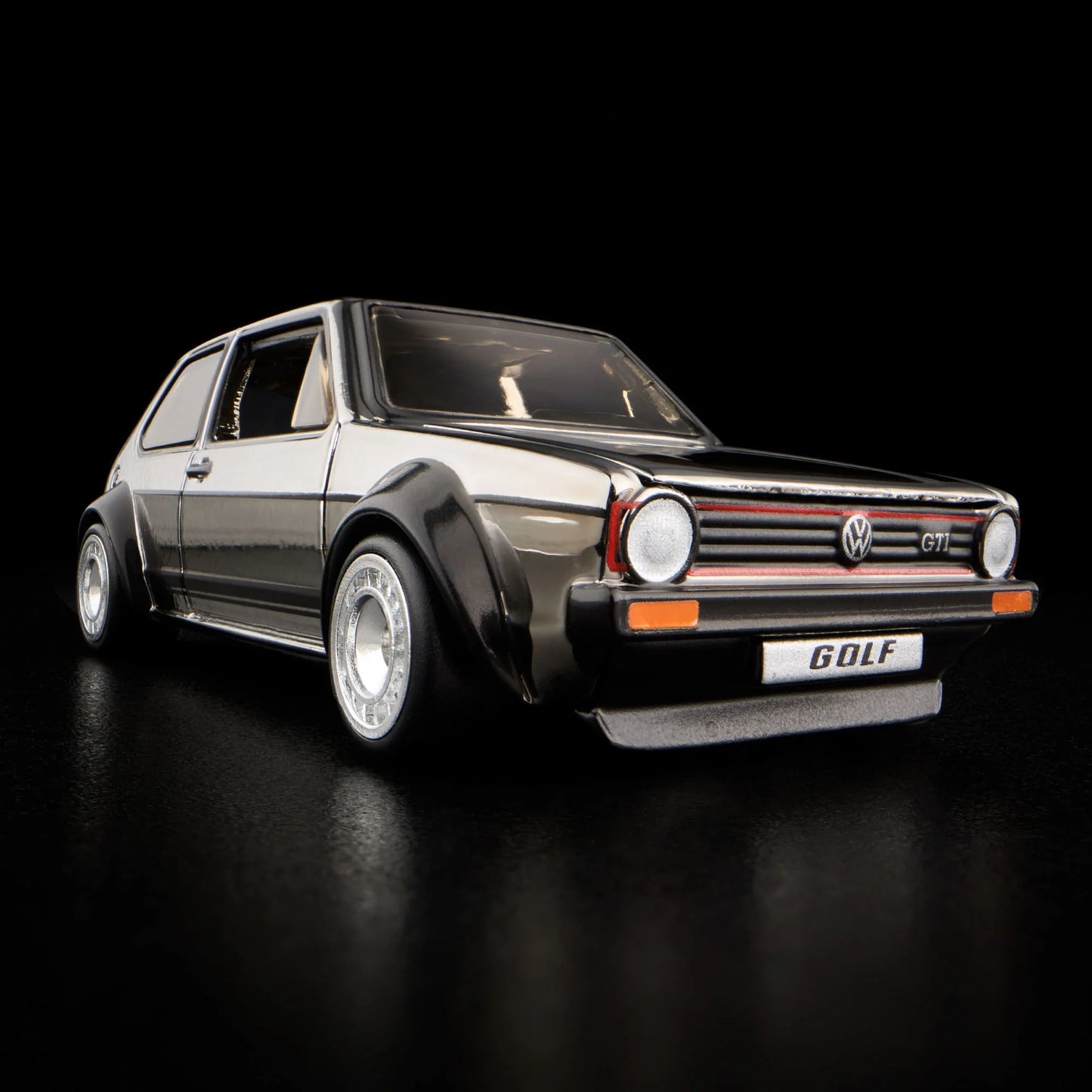 Hot Wheels RLC 1976 Volkswagen Golf MK1 GTI in Spectraflame Shadowchrome with Real Riders. Front