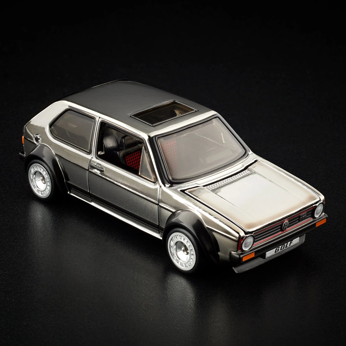 Hot Wheels RLC 1976 Volkswagen Golf MK1 GTI in Spectraflame Shadowchrome with Real Riders. Top