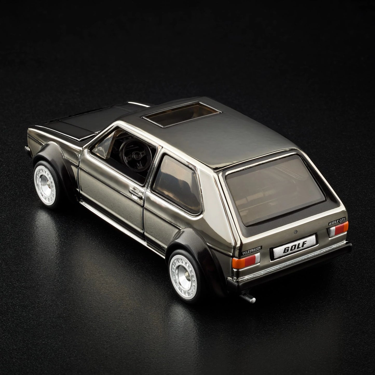 Hot Wheels RLC 1976 Volkswagen Golf MK1 GTI in Spectraflame Shadowchrome with Real Riders. Top Back