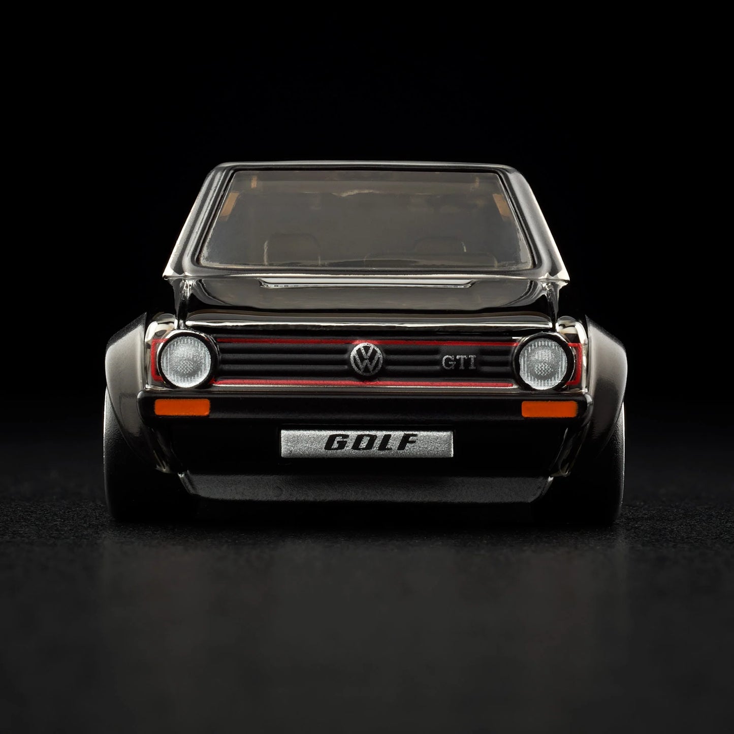Hot Wheels RLC 1976 Volkswagen Golf MK1 GTI in Spectraflame Shadowchrome with Real Riders. Front