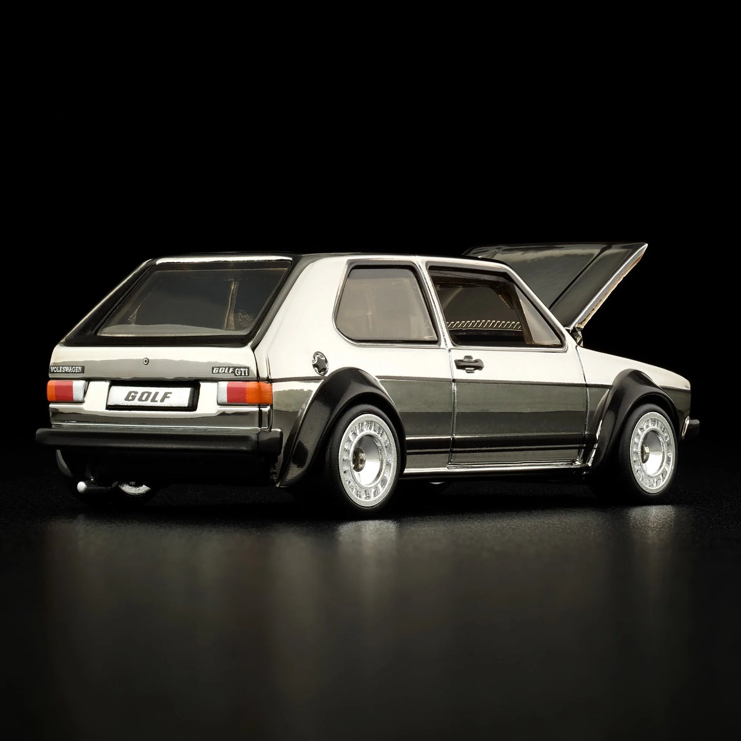 Hot Wheels RLC 1976 Volkswagen Golf MK1 GTI in Spectraflame Shadowchrome with Real Riders. Back open hood