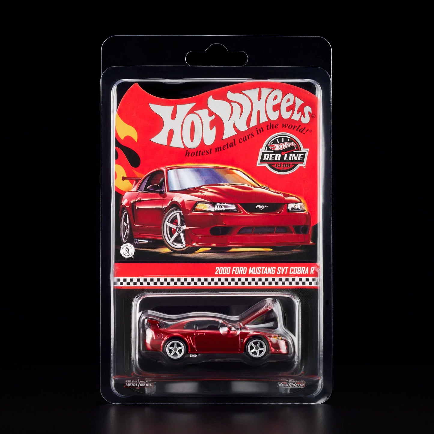 1:64 Hot Wheels RLC 2000 Ford Mustang SVT Cobra R Spectraflame bright red with opening hood.