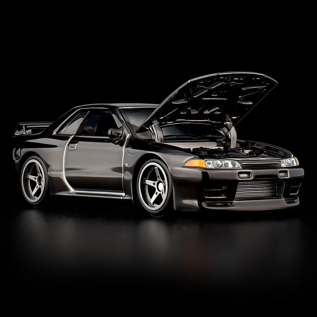 Hot Wheels RLC Nissan Skyline GT-R BNR32 in Spectraflame slate with Real Riders wheels, opening hood and detailed engine