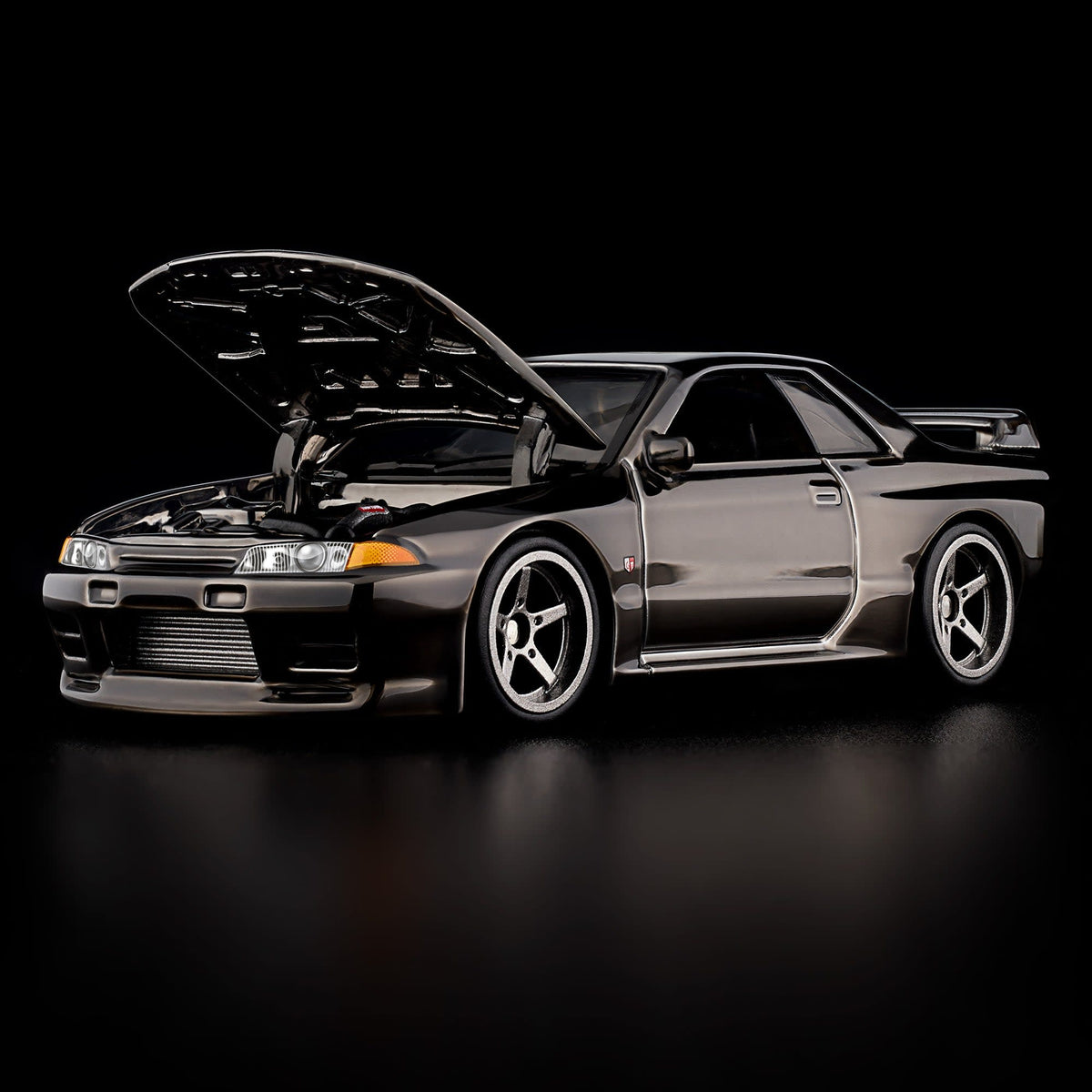 Hot Wheels RLC Nissan Skyline GT-R BNR32 in Spectraflame slate with Real Riders wheels, opening hood and detailed engine