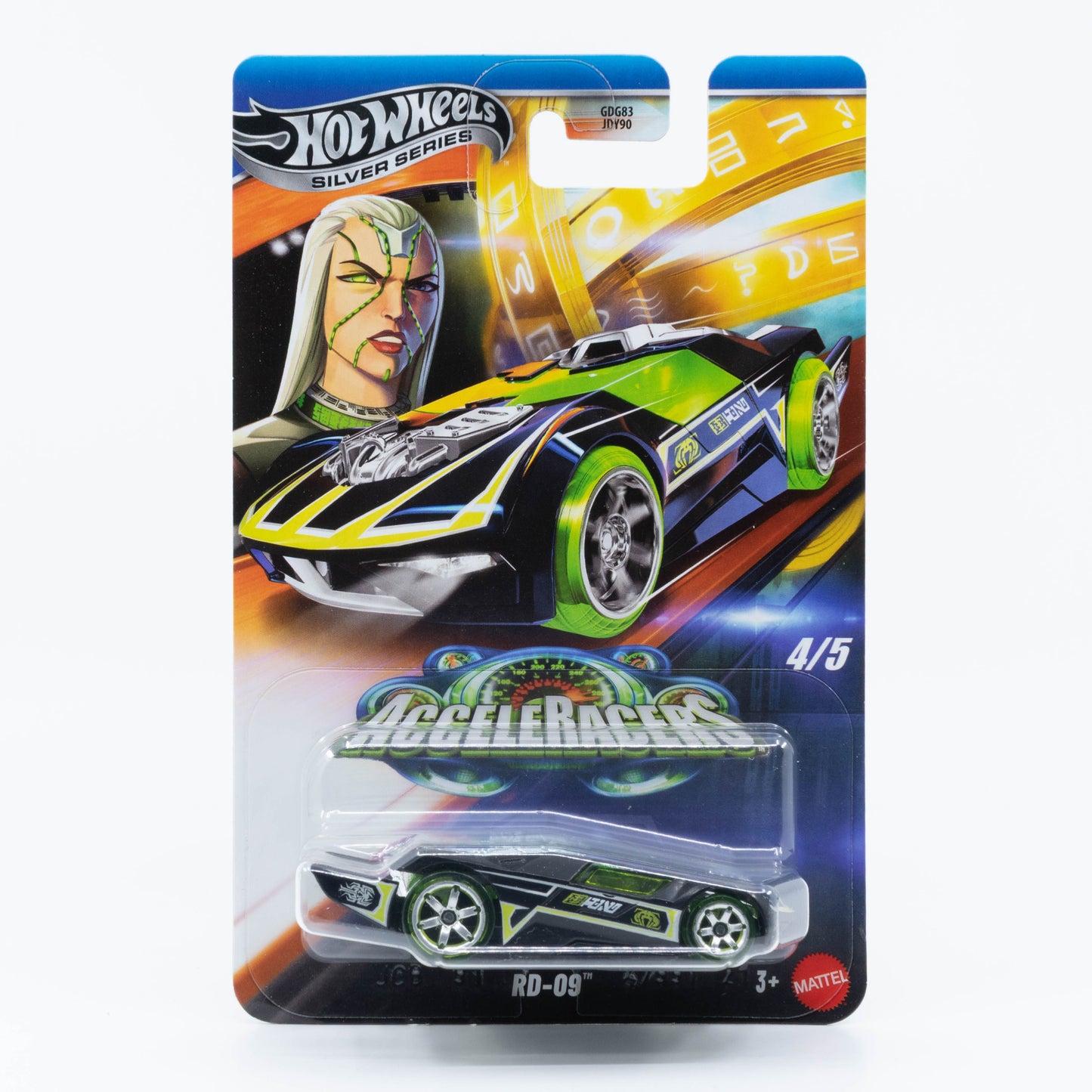 1:64 Hot Wheels AcceleRacers RD-09 Racing Drones 2025 –black-green die-cast car from the Silver Line collection.