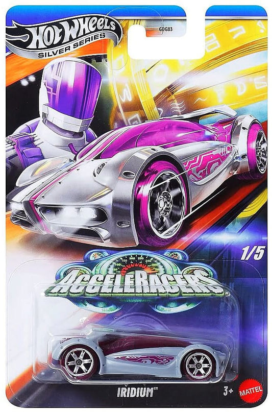 Hot Wheels Iridium high-speed concept car in metallic purple and silver from the Silver Line AcceleRacers collection. Blister