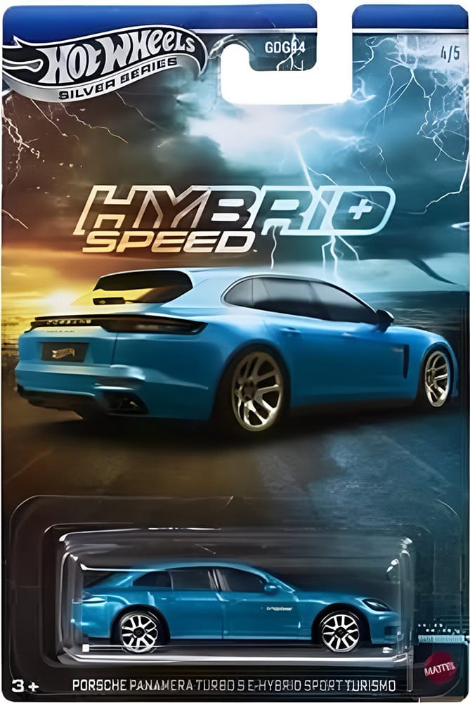 Hot Wheels Porsche Panamera Turbo S E-Hybrid Sport Turismo in silver luxury touring design from the Silver Line Hybrid Speed set.