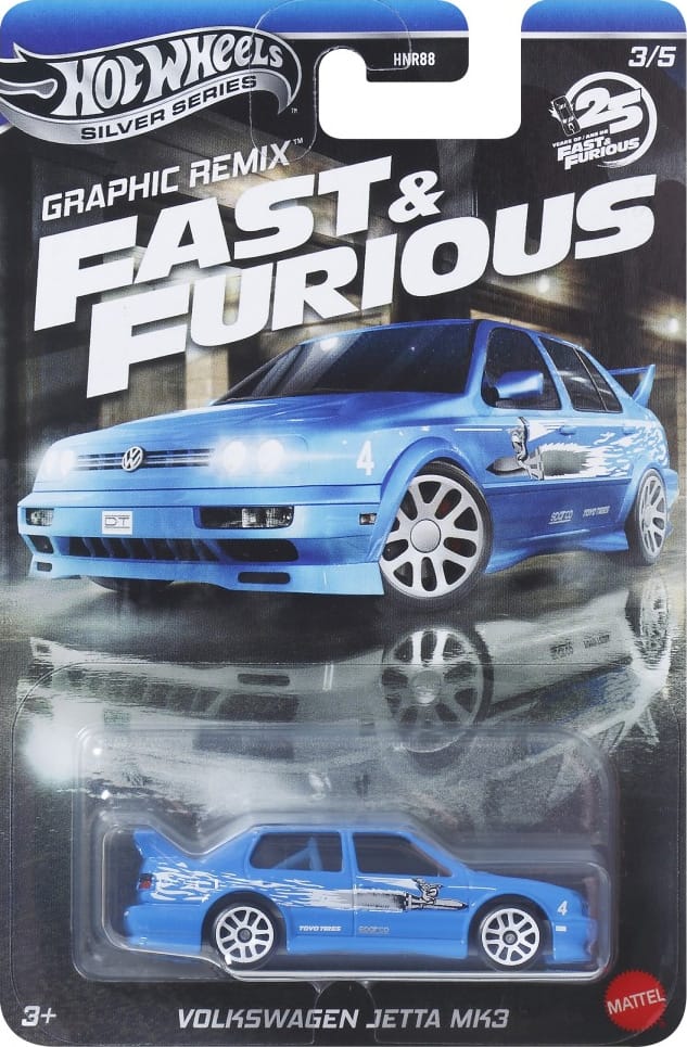 Hot Wheels Volkswagen Jetta MK3 in white with race-inspired graphics from the Silver Line Fast & Furious Graphic Remix series.
