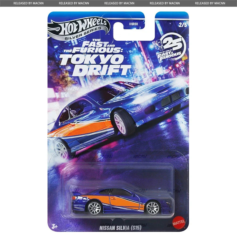 Hot Wheels Nissan Silvia S15 Tokyo Drift edition with aggressive graphics and detailed die-cast body.