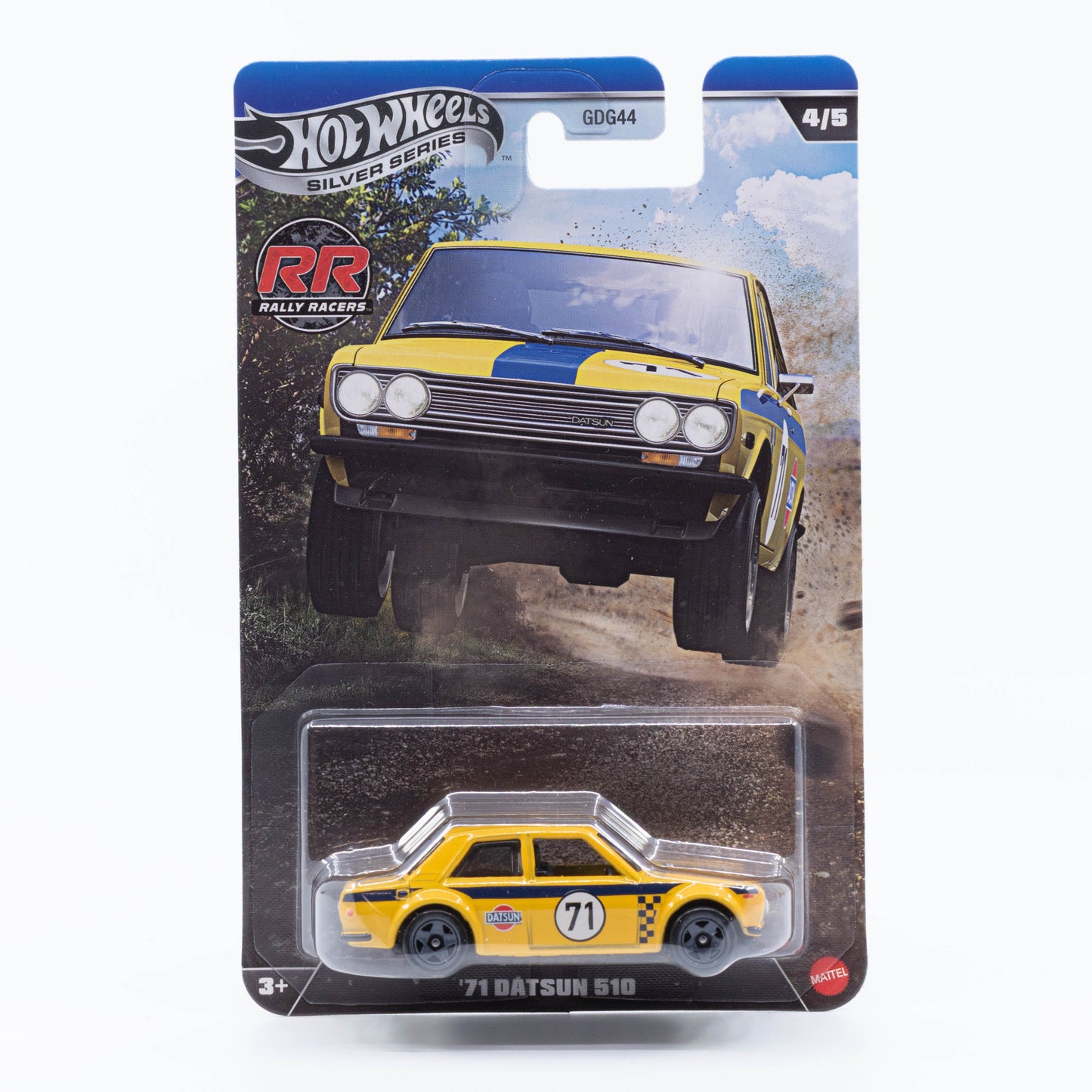 Hot Wheels 1:64 1971 Datsun 510 rally car Silver Line rally racers diecast model