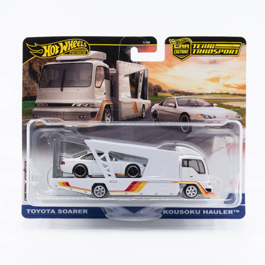 Hot Wheels Team Transport set featuring the Toyota Soarer and Kousoku Hauler in detailed 1:64 scale.