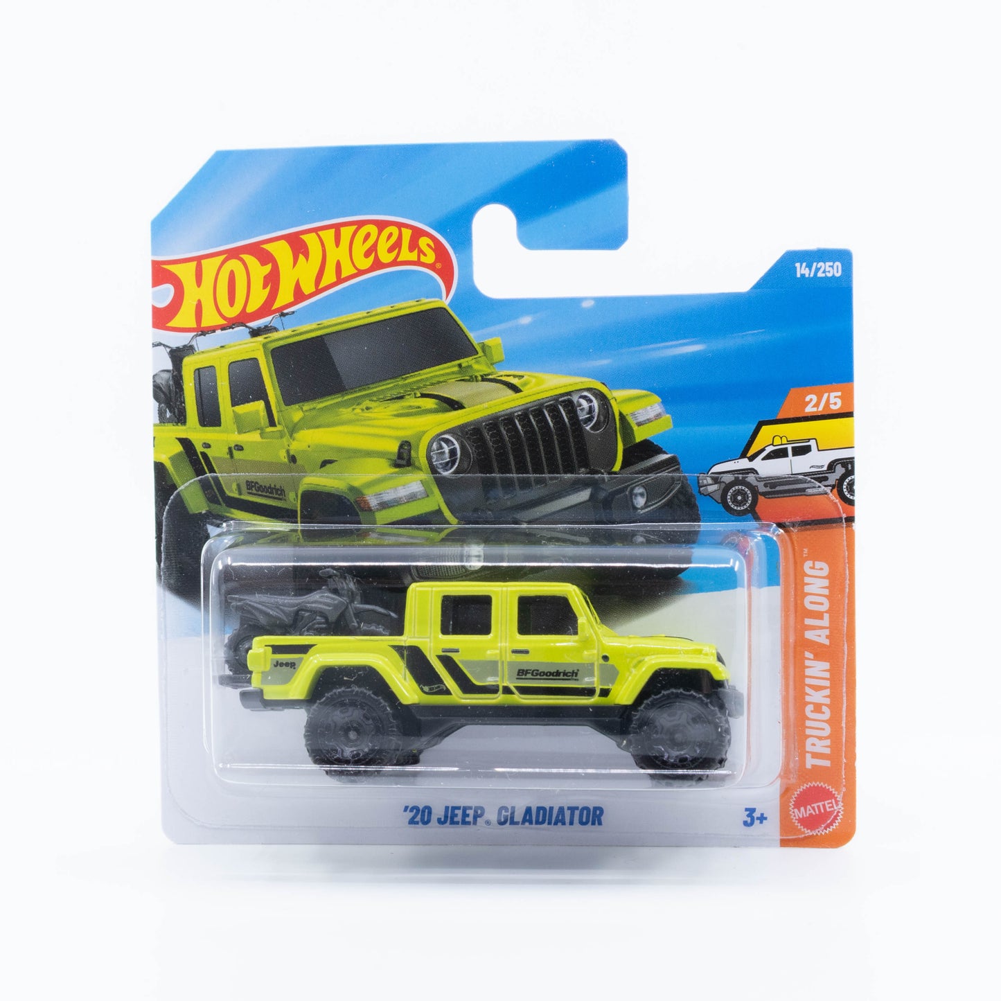 Hot Wheels 1:64 ’20 Jeep Gladiator fluorescent livery with two motocross motorcycles in the truck bed.