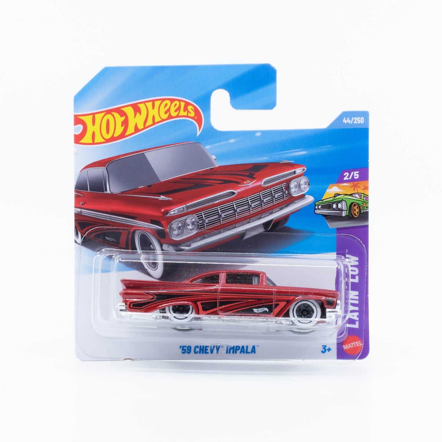 Hot Wheels 1:64 ’59 Chevy Impala red with lowrider-style graphics classic cruiser model.