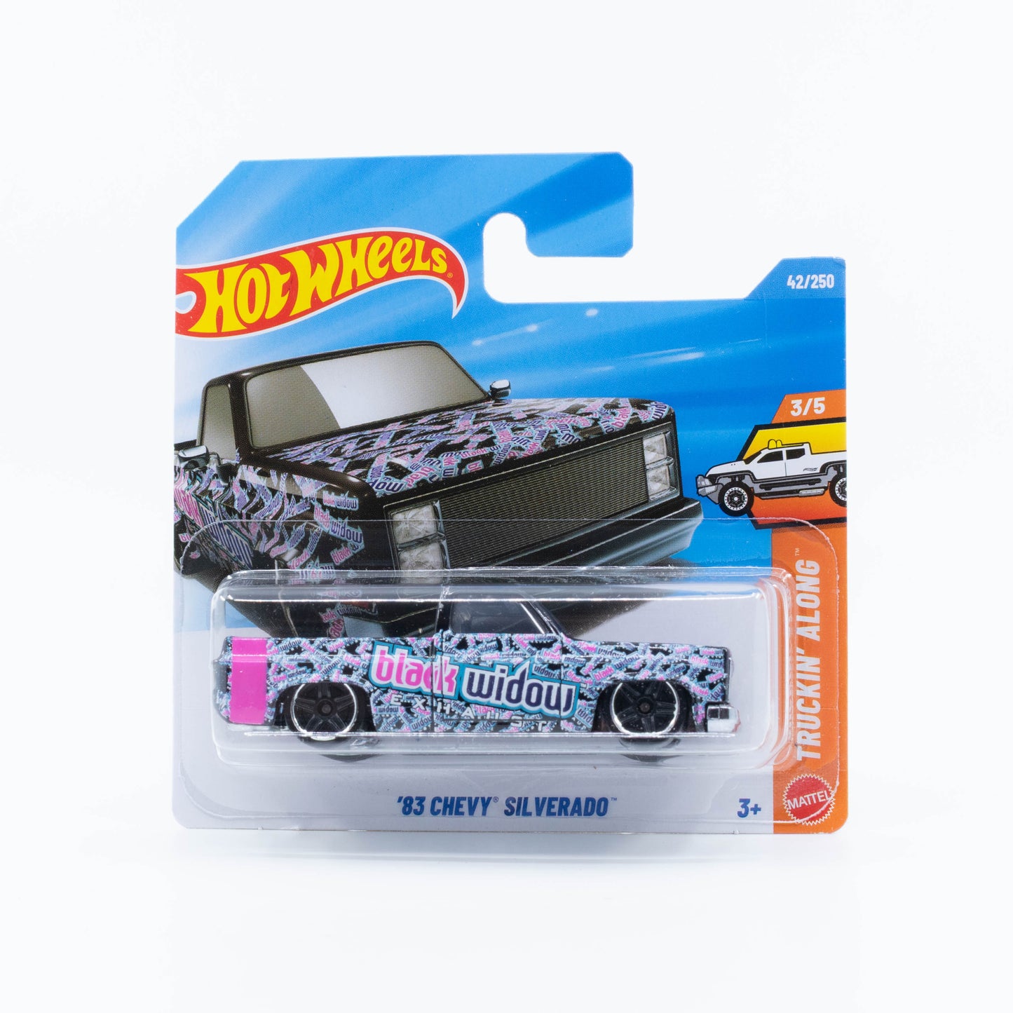 Hot Wheels 1:64 ’83 Chevy Silverado Black Widow livery square-body pickup truck.