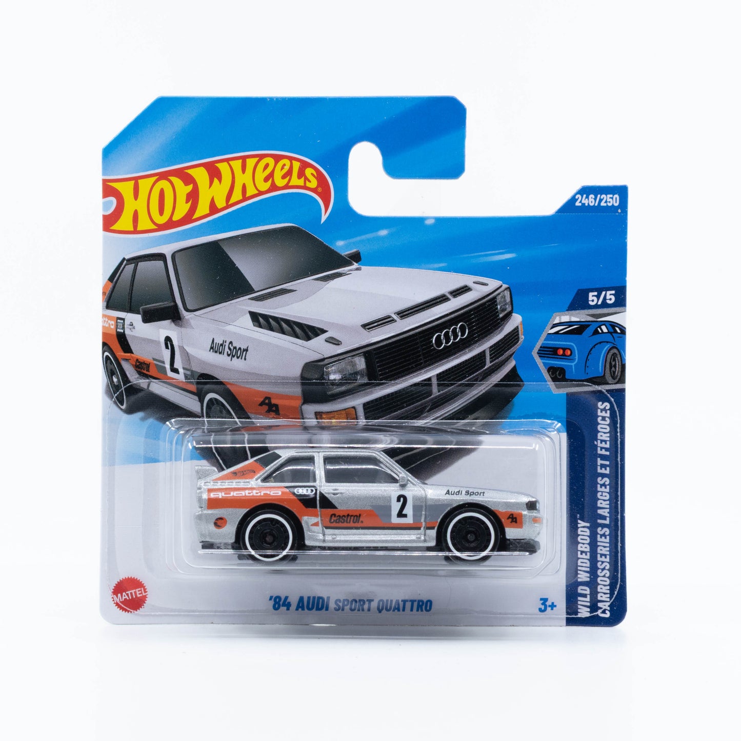 Hot Wheels '84 Audi Sport Quattro diecast car in silver Audi Sport rally livery, #2, Regular Treasure Hunt edition.