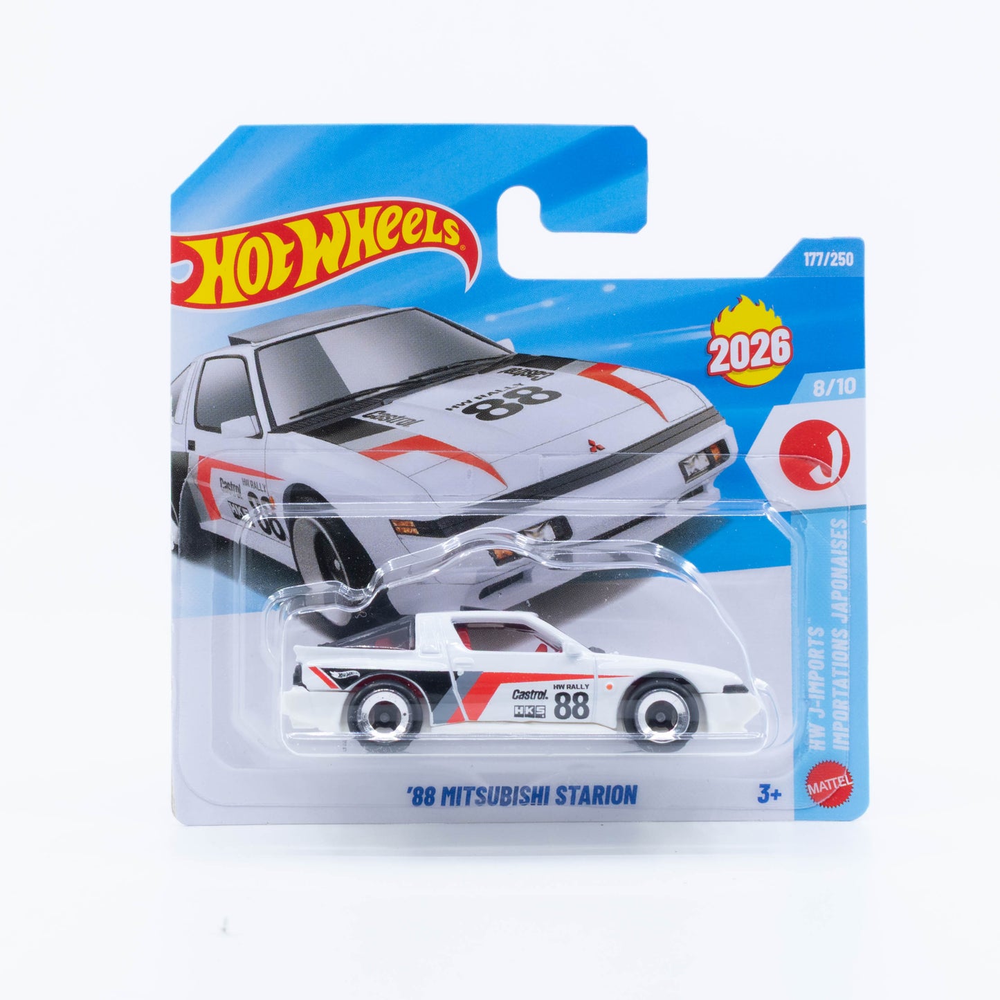Hot Wheels 1988 Mitsubishi Starion in a white rally-inspired livery from the 2026 Basic Line.