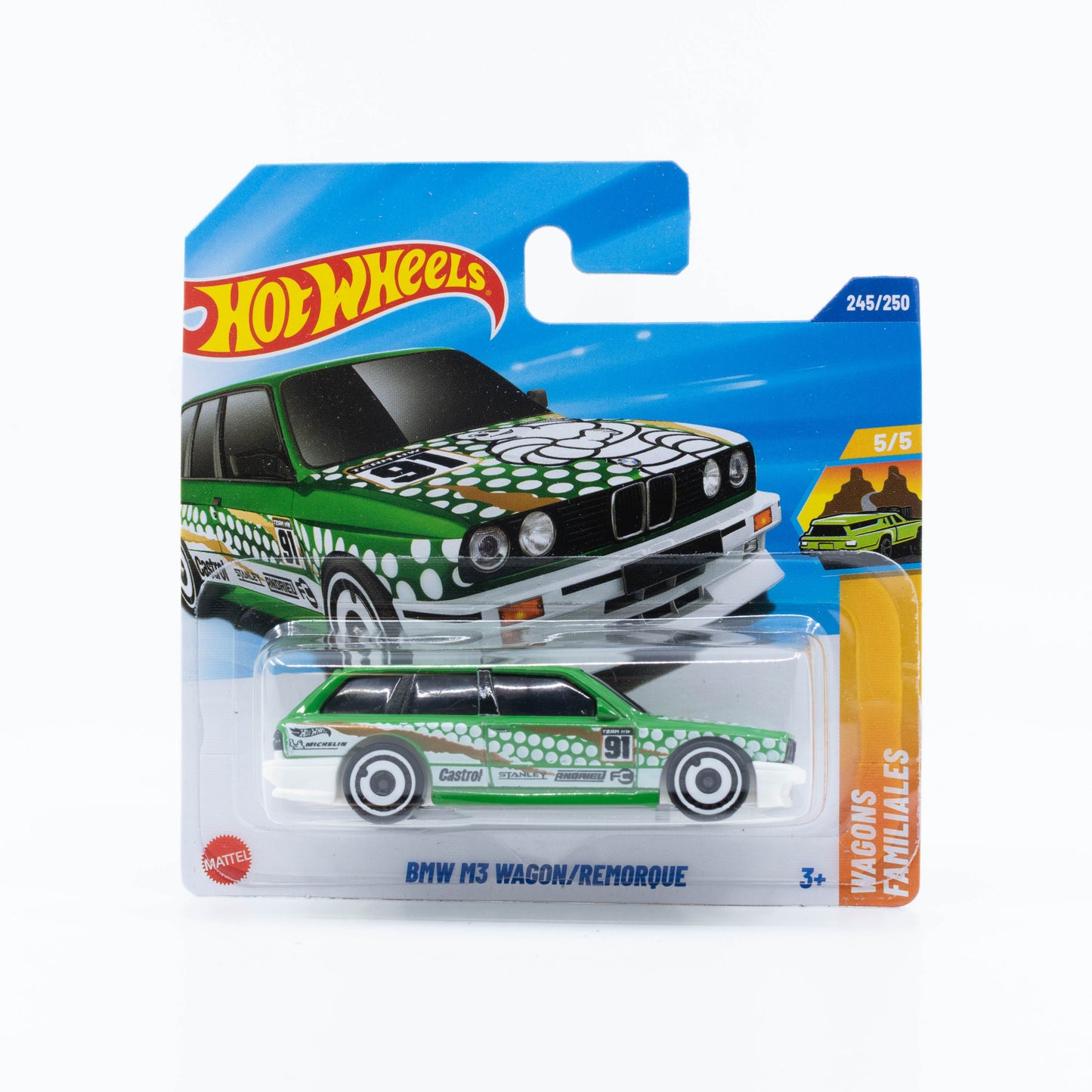 Hot Wheels BMW M3 Wagon diecast car in green racing livery with #91, Castrol, and Michelin decals.