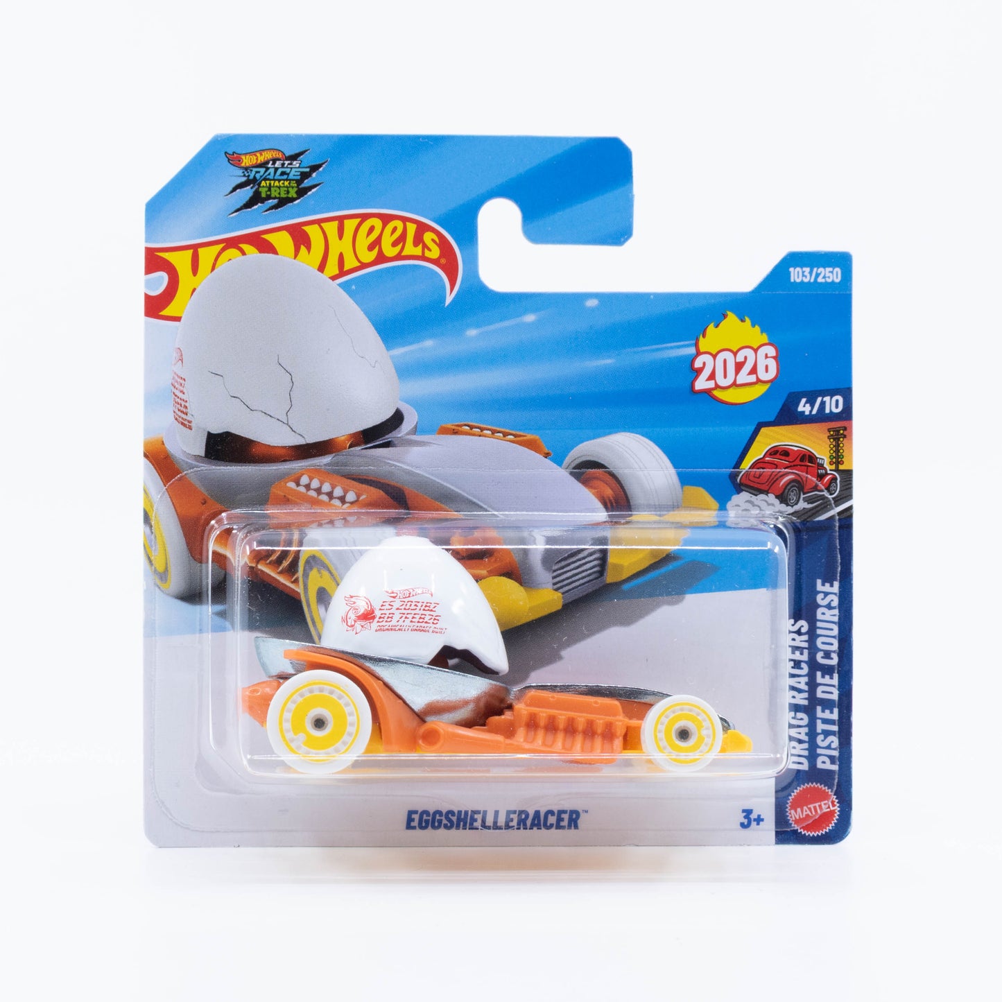 Hot Wheels Eggshelleracer dragster made from a spoon and broken eggshell with exposed twin engines.