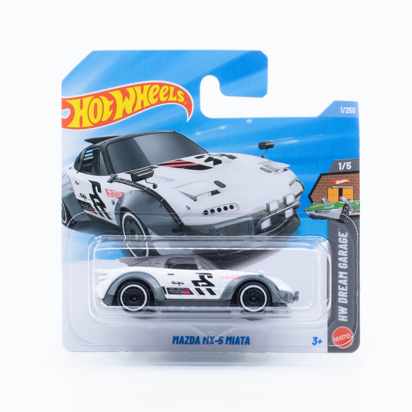 Hot Wheels 1:64 Mazda MX-5 Miata white basic mainline die-cast model.