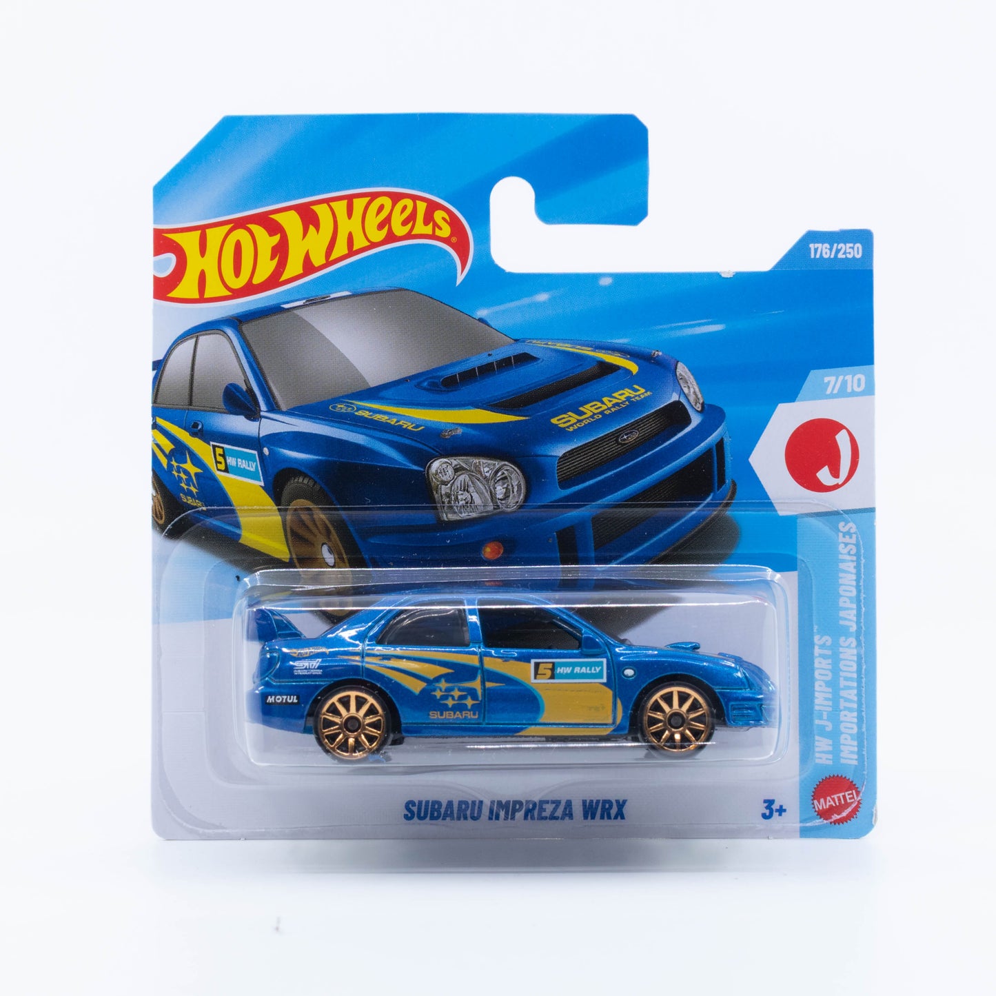 Hot Wheels Subaru Impreza WRX in the iconic blue and gold Subaru rally livery.