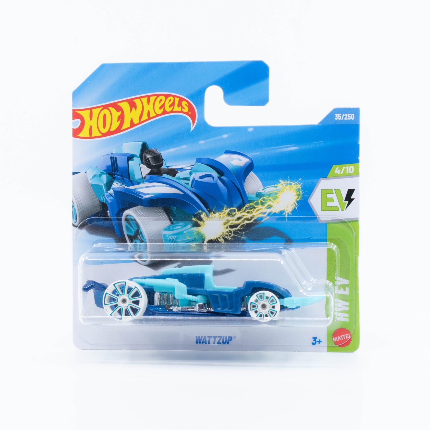 Hot Wheels 1:64 Wattzup blue electric-inspired fantasy car with white wheels.