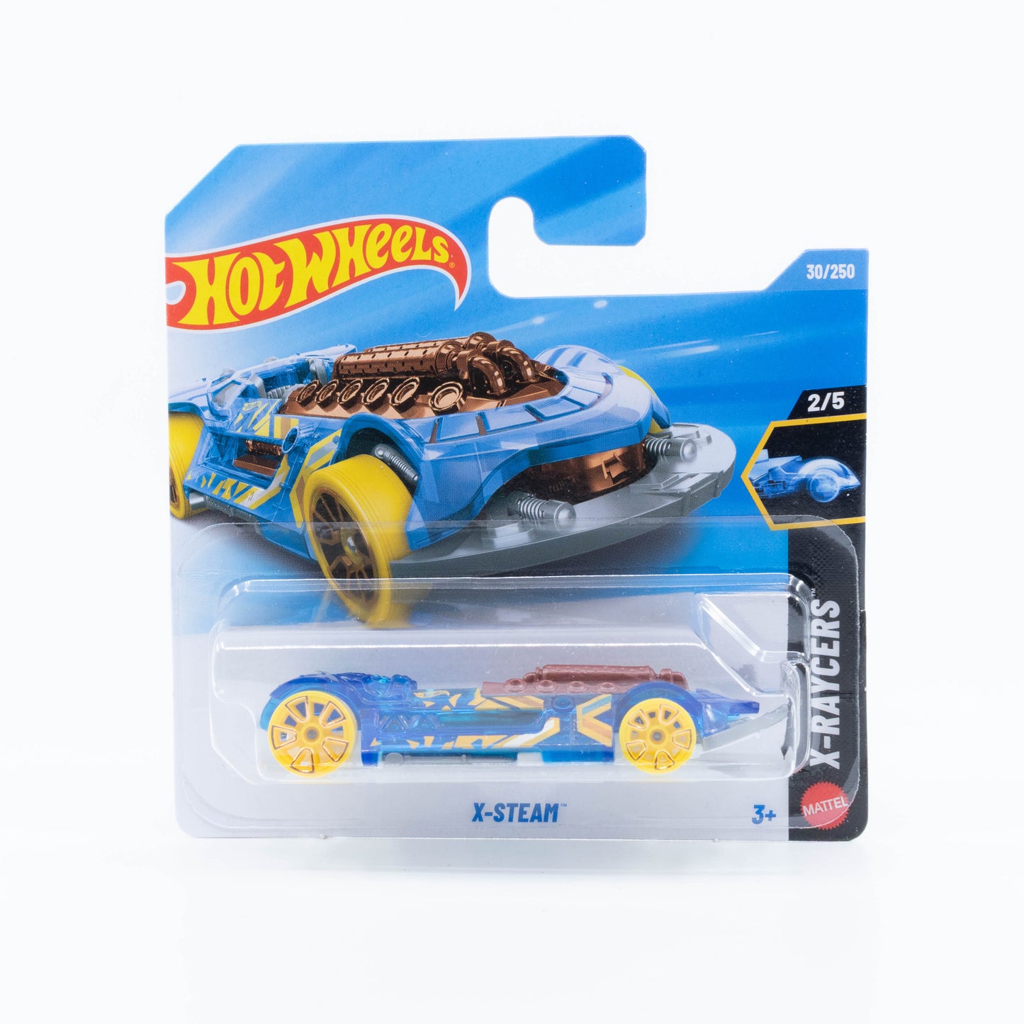 Hot Wheels 1:64 X-Steam X-Raycers translucent blue steampunk-inspired fantasy car.