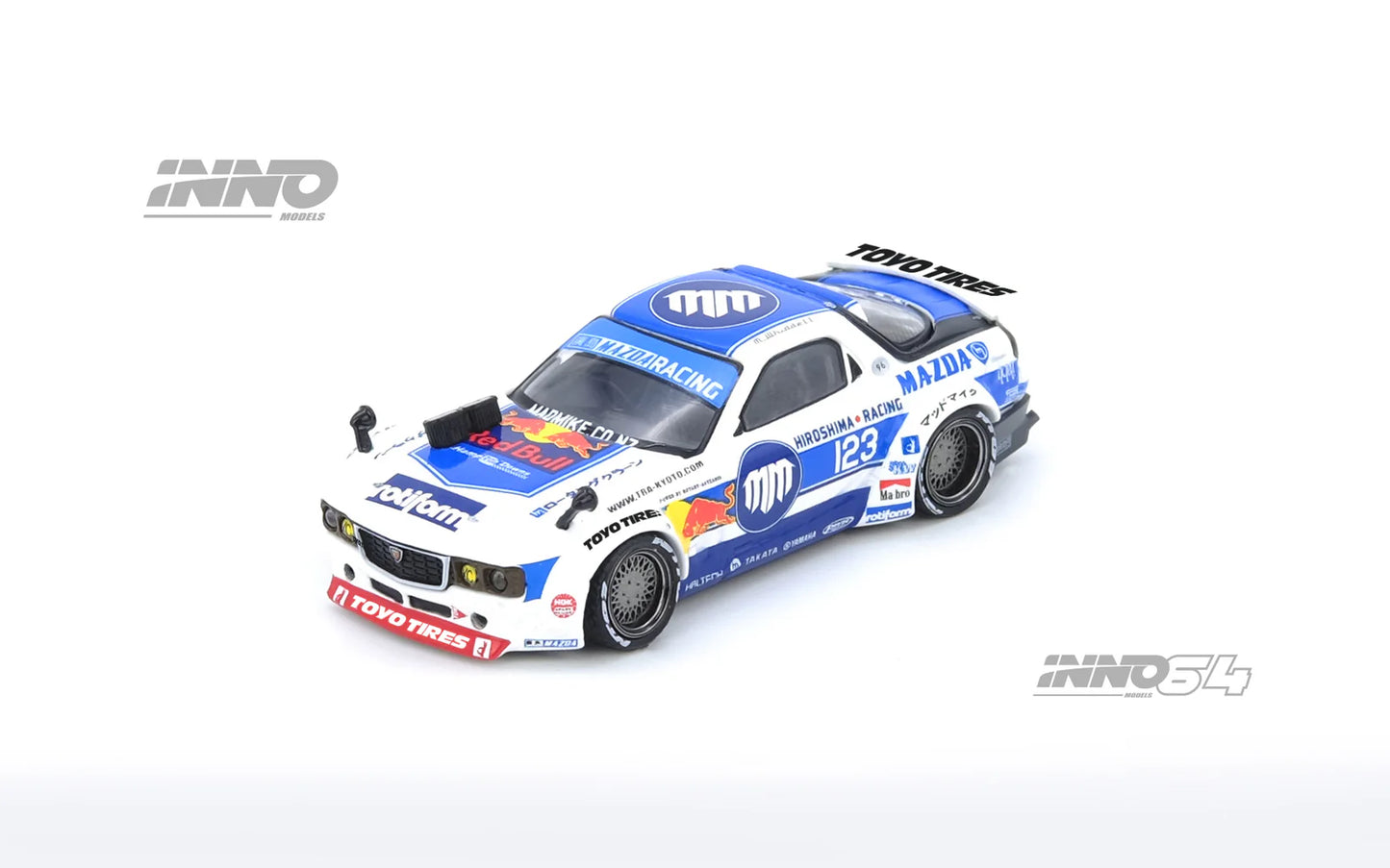 1:64 INNO64 Mazda RX-7 (FD3S) with Pandem Rocket Bunny kit in Madbul livery – Madlab Collection 001 model. Front