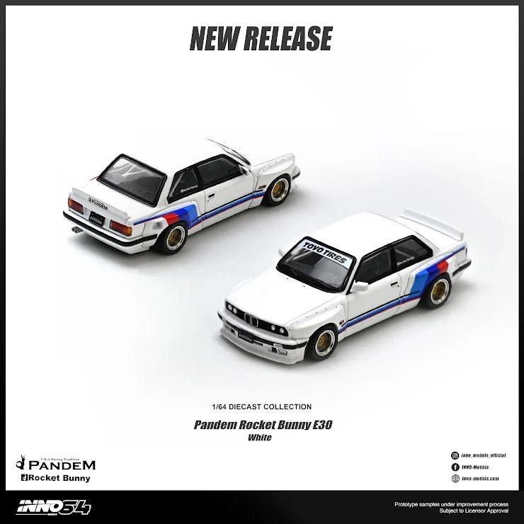 INNO64 BMW E30 Pandem Rocket Bunny in white.