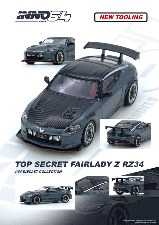 1:64 INNO64 Top Secret Nissan Fairlady Z RZ34 with gold wheels and custom aero kit in tuner livery.