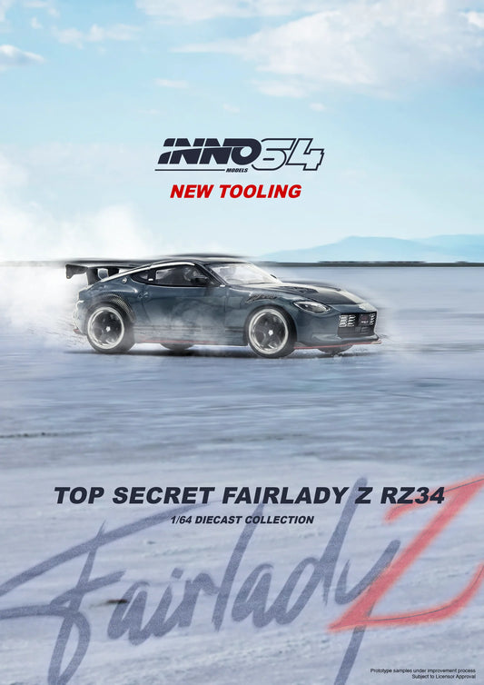1:64 INNO64 Top Secret Nissan Fairlady Z RZ34 with gold wheels and custom aero kit in tuner livery. Side