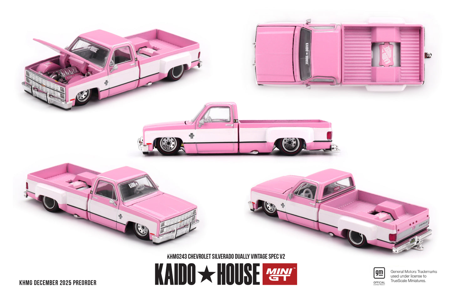 Kaido*House 1:64 Chevrolet Silverado Dually Vintage SPEC V2 1980 pink with white accents custom truck.