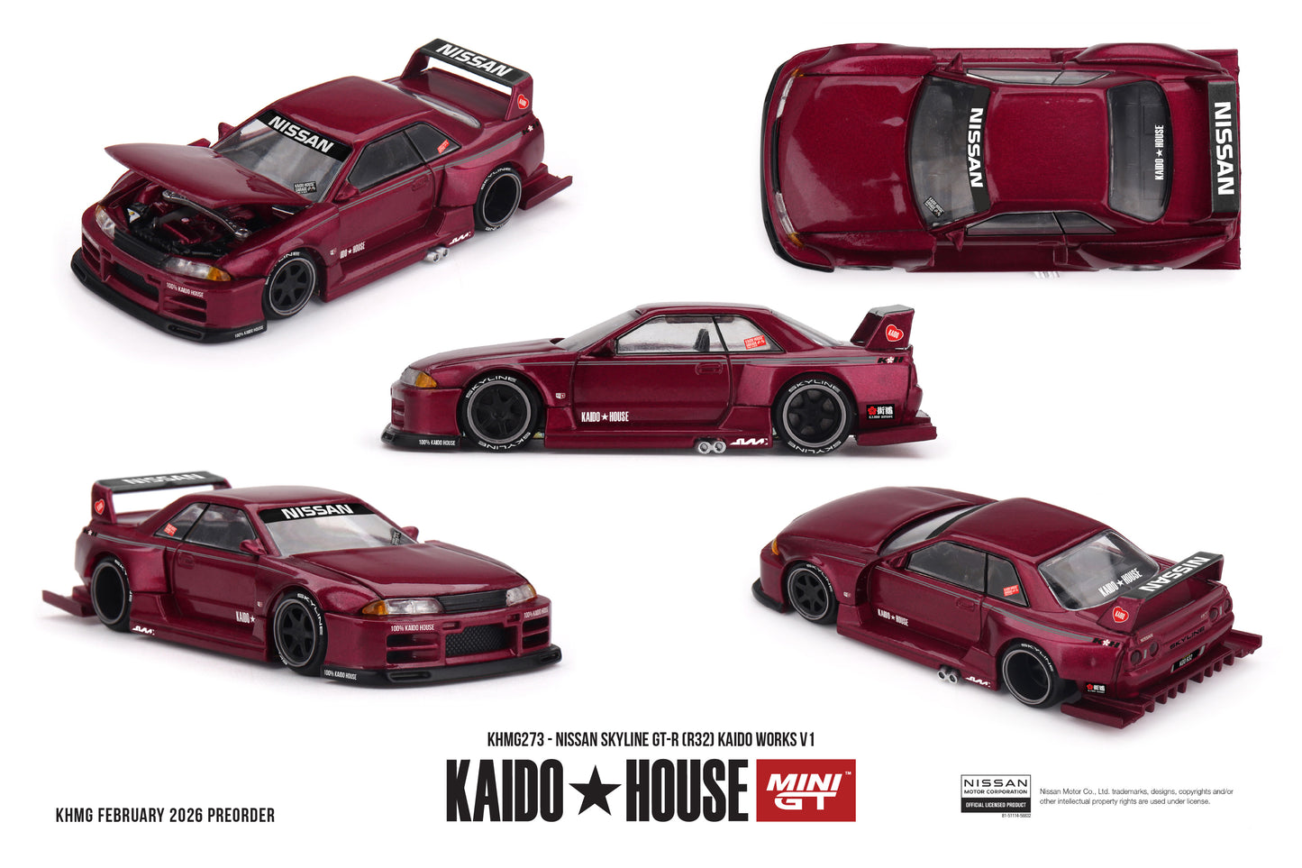 Kaido House 1:64 Nissan Skyline GT-R R32 1989 Kaido Works V1 oxblood red with opening hood and black wheels model
