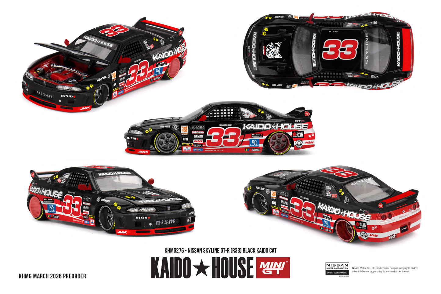 Kaido House 1:64 Nissan Skyline GT-R R33 black red racing livery number 33 opening hood diecast model