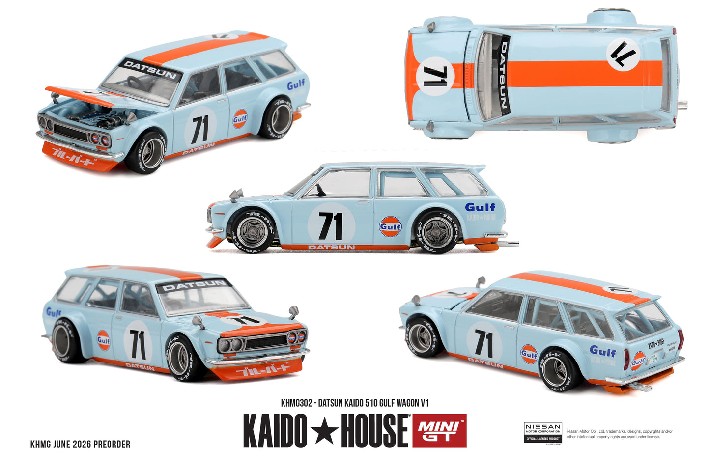 Kaido*House 1969 Datsun 510 Gulf Wagon with opening hood and detailed engine.
