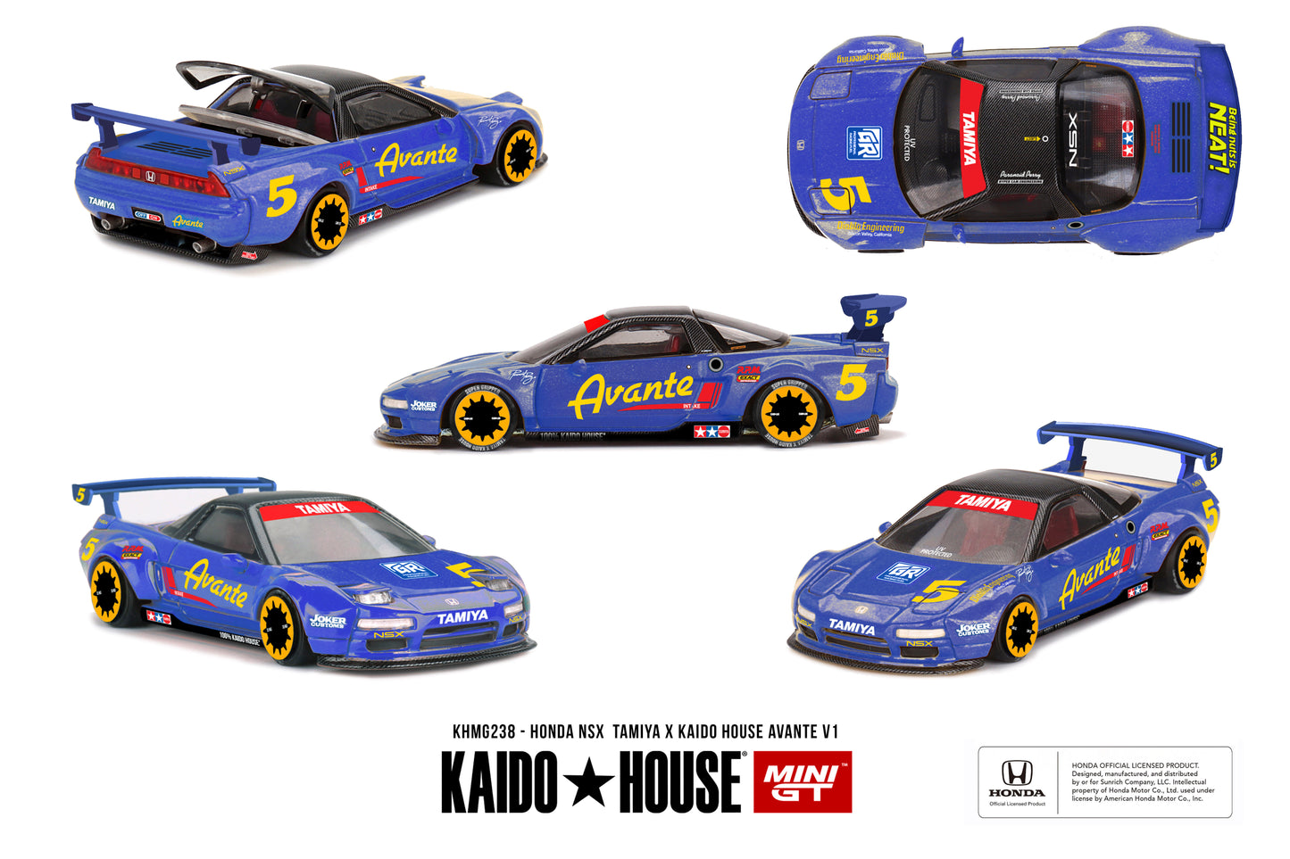 Kaido*House Honda NSX “AVANTE” V1 in metallic blue Tamiya-inspired livery, with carbon-fiber roof, working pop-up headlights, yellow-accented black rims, and opening rear window.