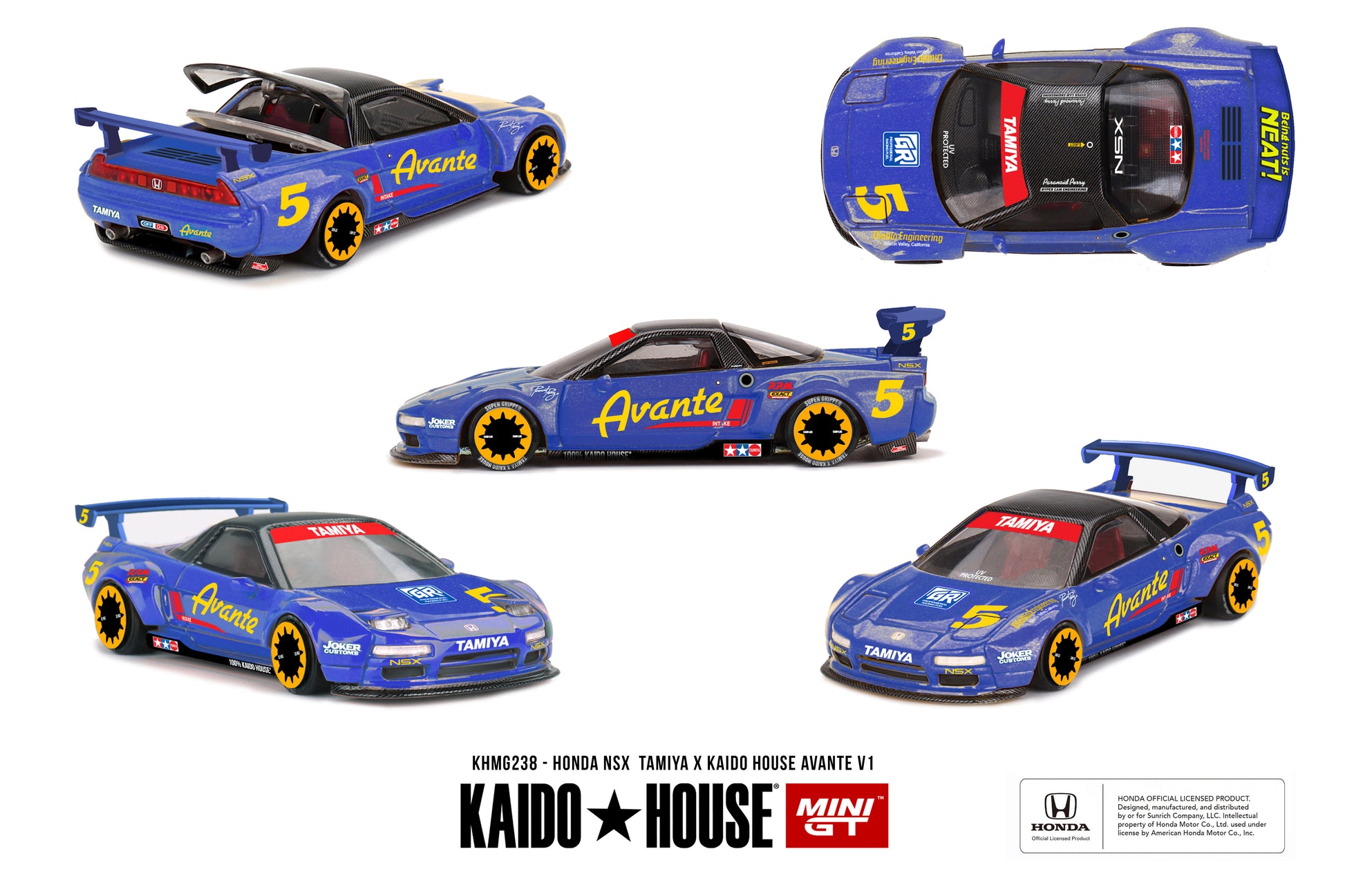 Kaido*House Honda NSX “AVANTE” V1 in metallic blue Tamiya-inspired livery, with carbon-fiber roof, working pop-up headlights, yellow-accented black rims, and opening rear window.