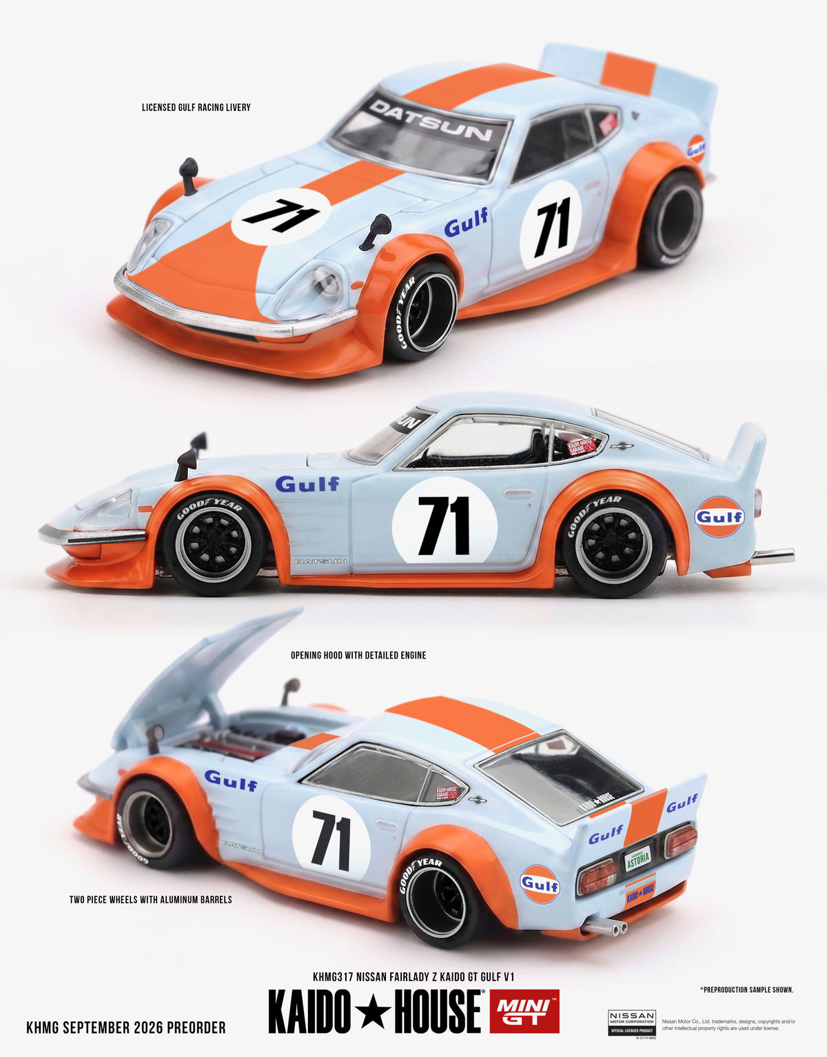 Kaido House Nissan Fairlady Z Kaido GT Gulf V1 1978 1:64 diecast model in Gulf racing colors with opening hood