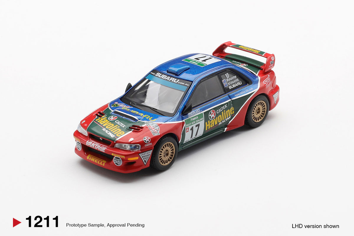 Mini GT 1:64 Subaru Impreza WRC98 #17 Rally New Zealand 2000 red blue rally diecast model. Front