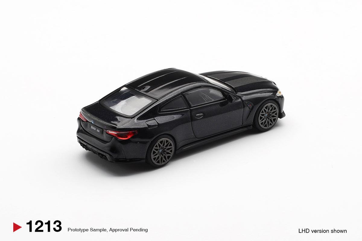 Mini GT 1:64 BMW M4 CS G82 Black Sapphire 2025 performance coupe diecast model. Back