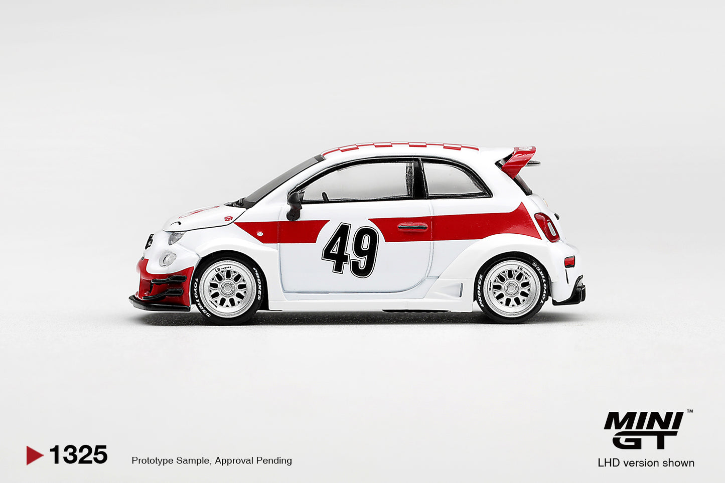 Mini GT Fiat 595 Abarth LB-Works × Abas Works 1000 TC Tribute with Liberty Walk styling. Side