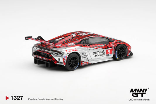 Mini GT Lamborghini Huracán GT3 EVO2 #9 PFAFF Motorsports GTD PRO race car. Back