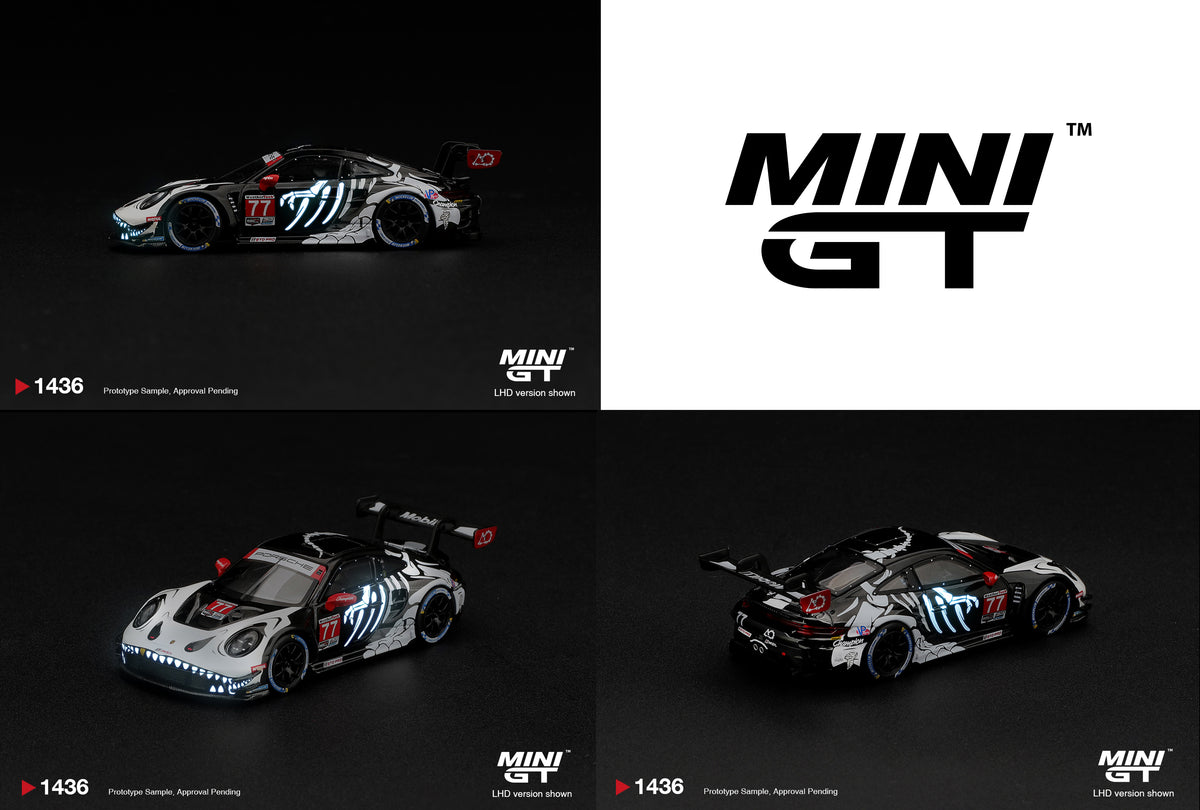 Mini GT Porsche 911 992 GT3 R number 77 AO Racing Skeleton Rexy Petit Le Mans 2026, 1:64 model