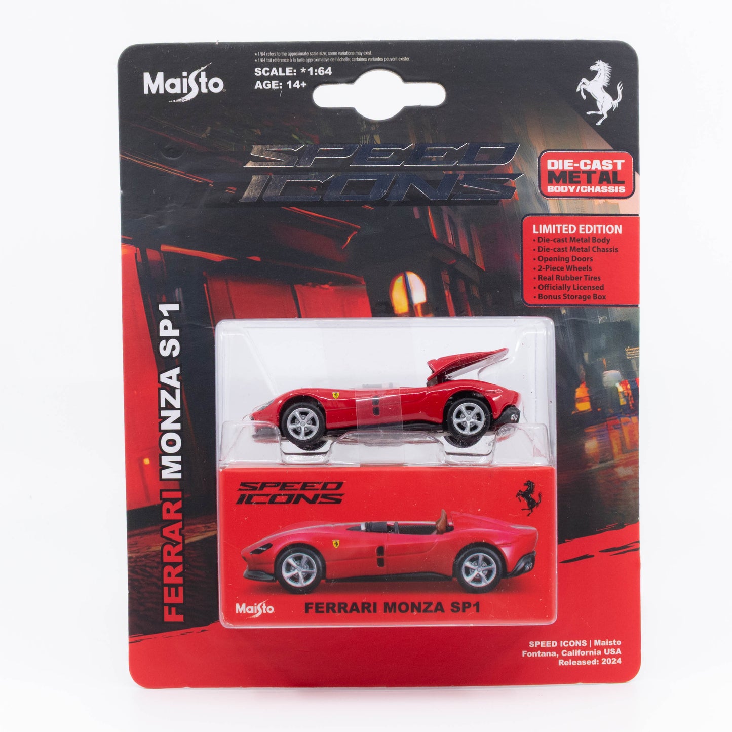 1:64 Maisto Speed Icons Ferrari Monza SP1 single-seater diecast in sleek finish. Front Package