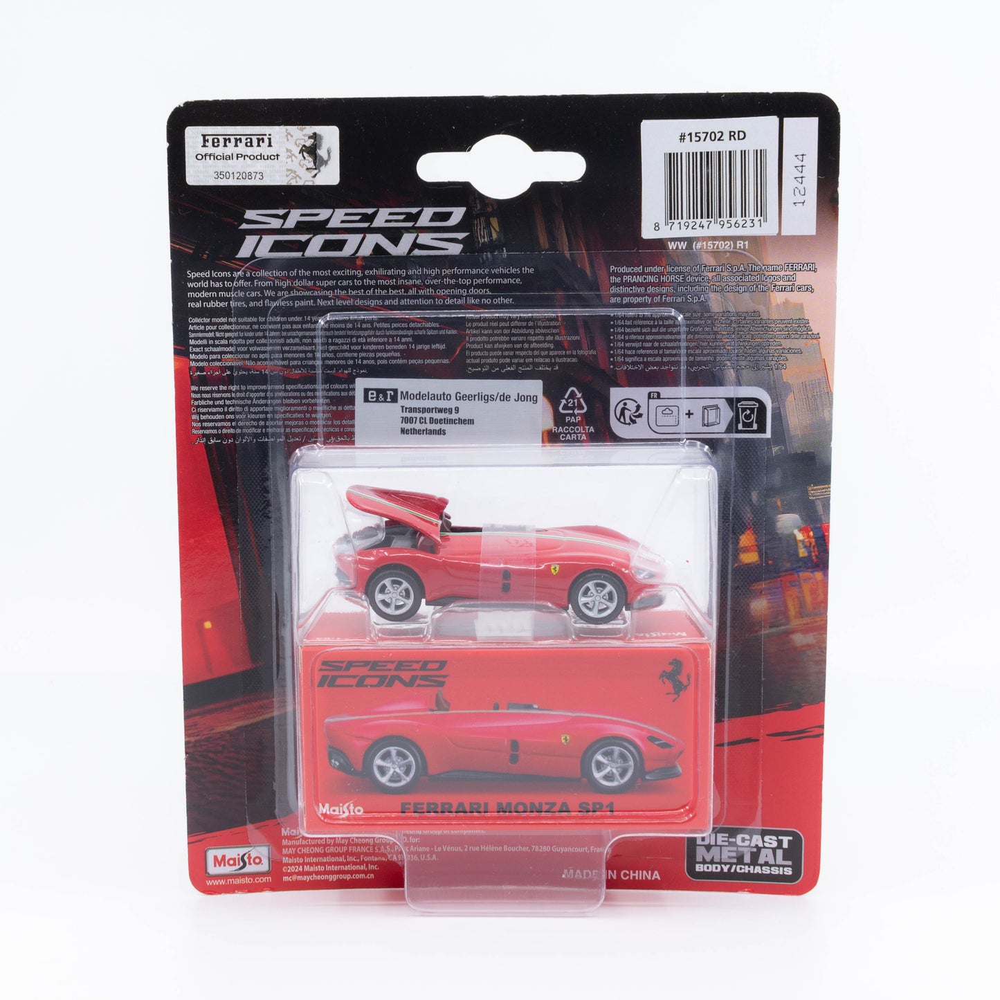 1:64 Maisto Speed Icons Ferrari Monza SP1 single-seater diecast in sleek finish. Back Package